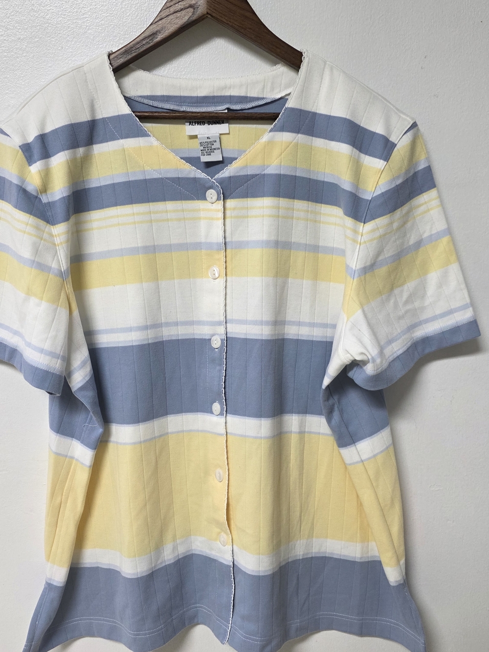 Alfred Dunner Pastel Stripe Button-Front Top - Blue, Yellow, White Size:xl
